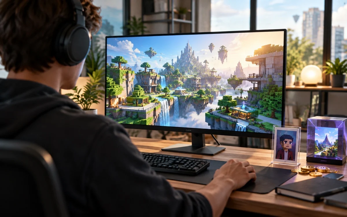 Persona esplora un mondo virtuale illustrativo sul monitor