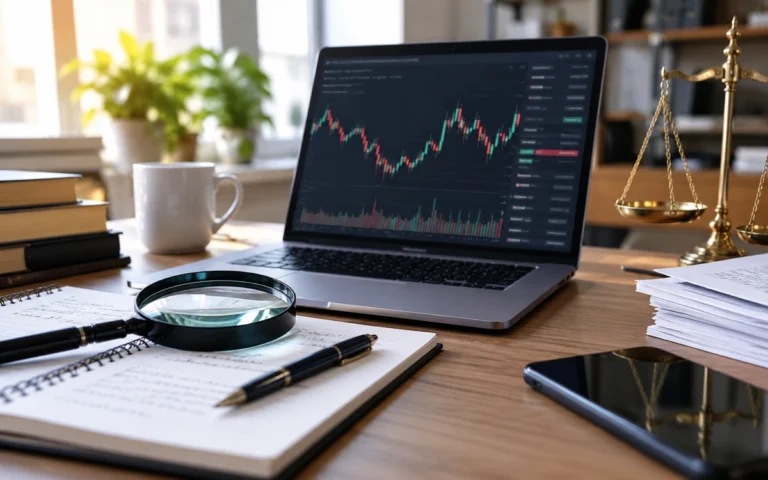 Lente e documenti accanto a un grafico finanziario illustrativo