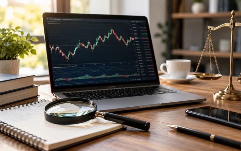 Documenti, lente e grafico finanziario illustrativo su una scrivania