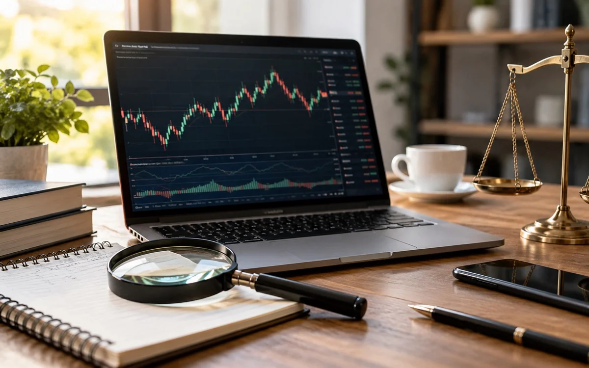 Documenti, lente e grafico finanziario illustrativo su una scrivania