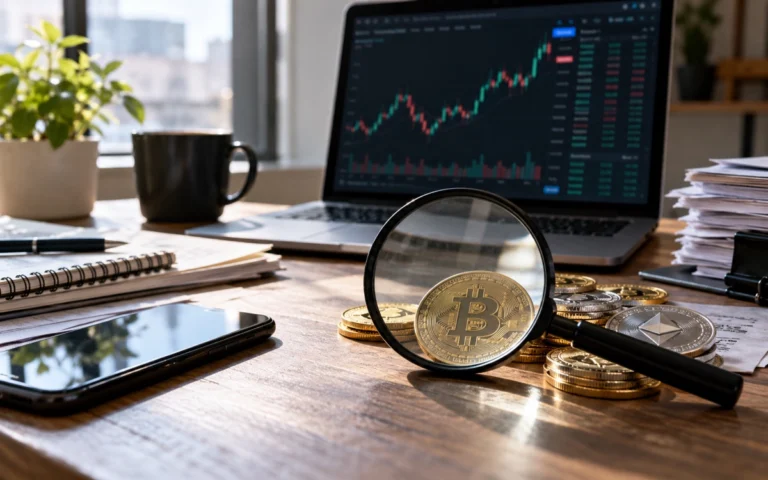 Lente davanti a rappresentazioni di Bitcoin e di altre criptovalute