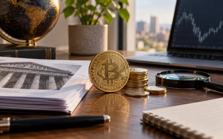Rappresentazione di Bitcoin accanto a documenti finanziari e una lente