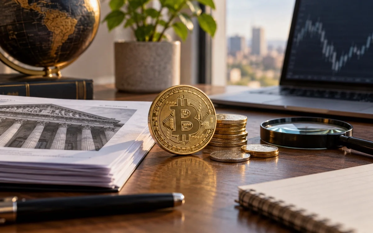 Rappresentazione di Bitcoin accanto a documenti finanziari e una lente