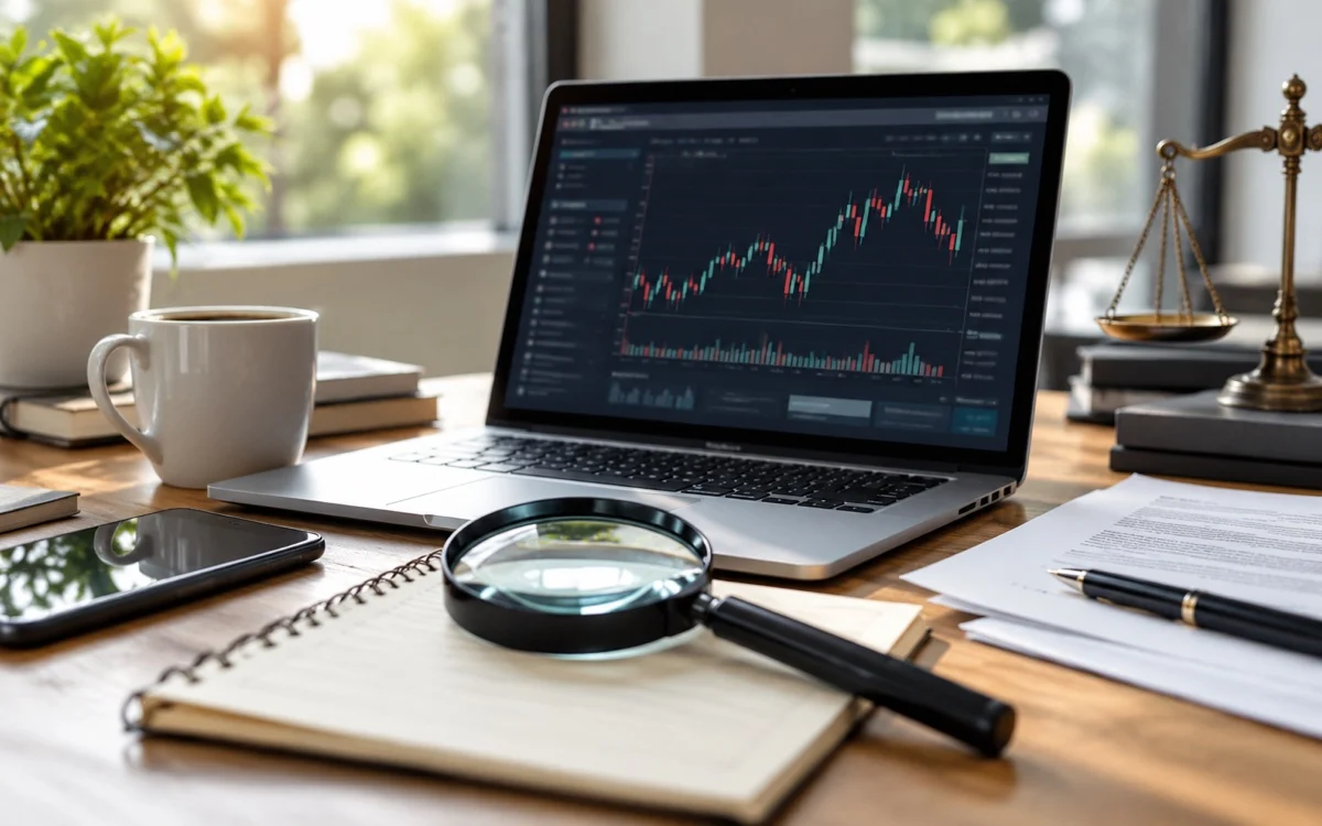 Lente e documenti accanto a un grafico finanziario illustrativo