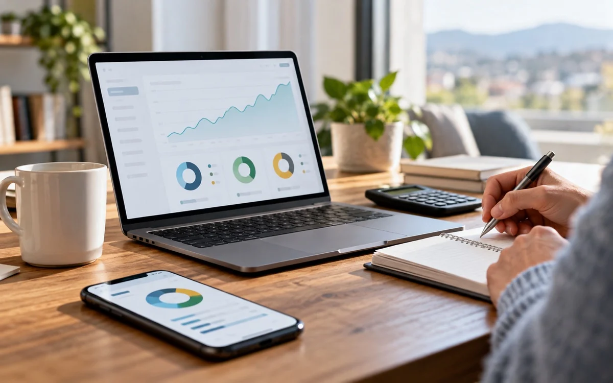Persona confronta grafici e appunti di un investimento su computer