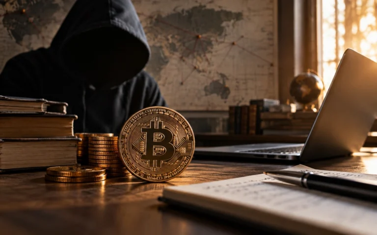 Figura anonima accanto a una rappresentazione di Bitcoin e a libri