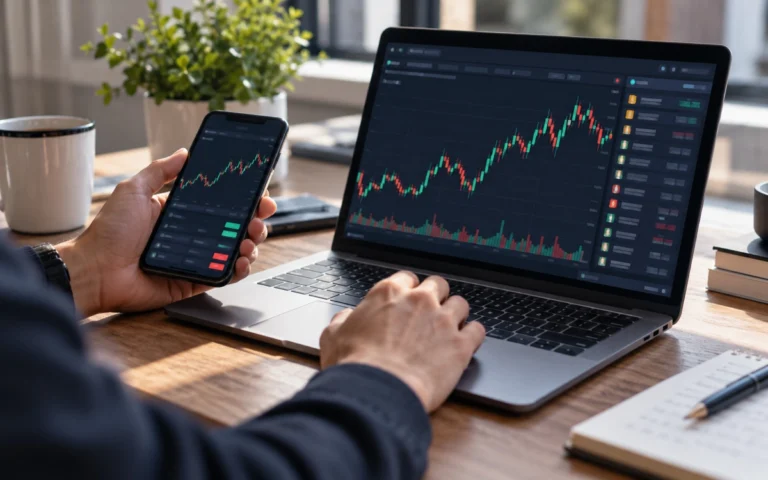 Persona osserva grafici finanziari illustrativi su computer e smartphone