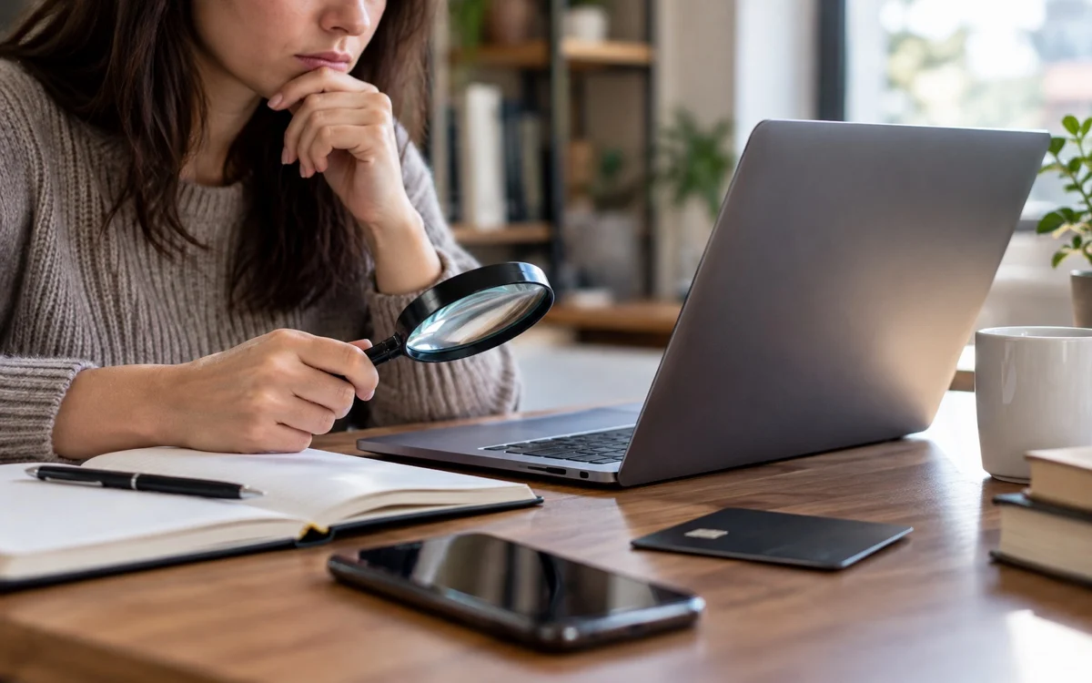 Persona esamina un servizio bancario online con una lente