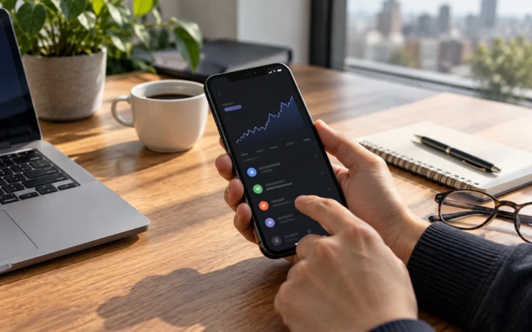 Persona consulta da smartphone un’interfaccia finanziaria illustrativa