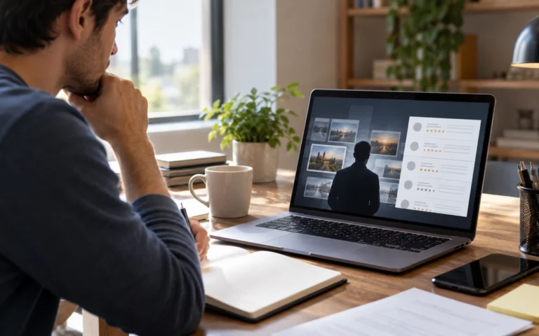 Persona che consulta recensioni su una piattaforma digitale da un computer portatile