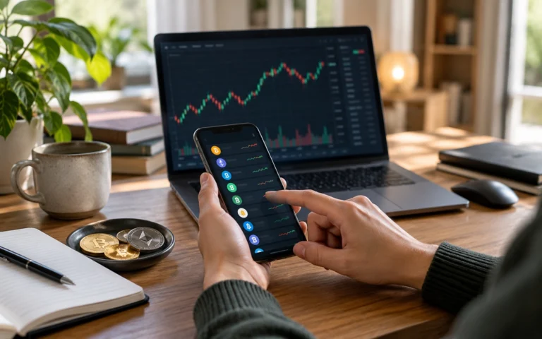 Persona consulta da smartphone un elenco illustrativo di criptovalute