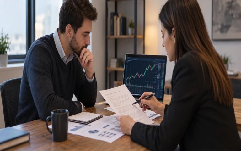 Due persone valutano documenti e condizioni di un servizio di trading.