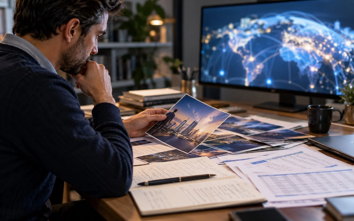 Persona esamina documenti storici di una piattaforma di investimento digitale.