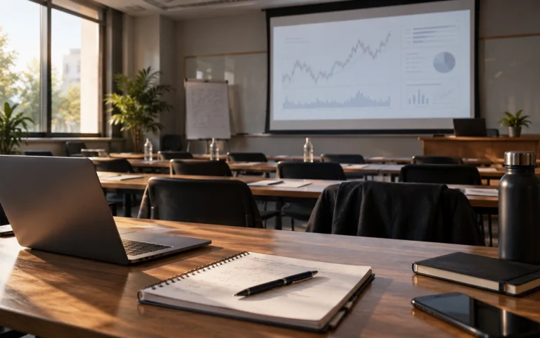 Aula di formazione finanziaria con computer, appunti e grafici sullo schermo.