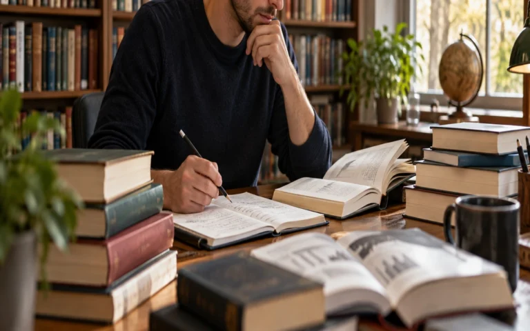 Una persona confronta libri sul trading e appunti in biblioteca.