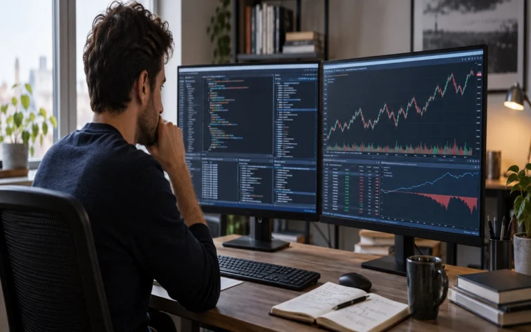 Analista controlla codice e grafici di mercato su due monitor.