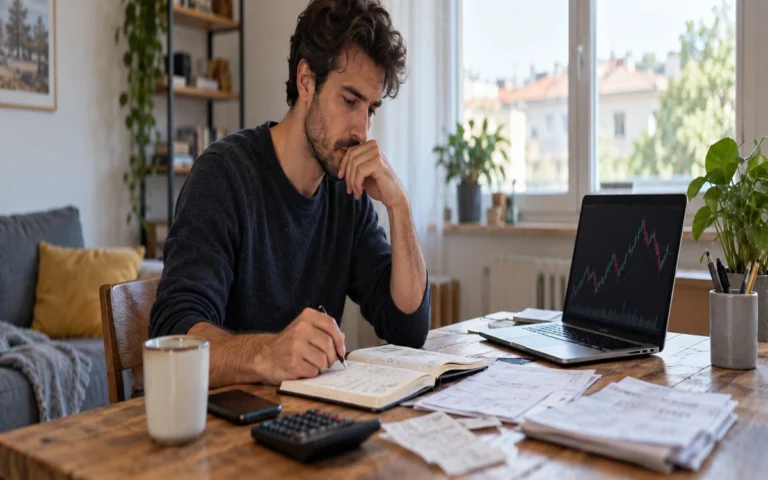 Persona al tavolo confronta spese e risultati di trading con un quaderno e un computer.