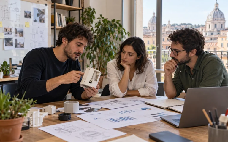 Tre persone valutano un prototipo e documenti finanziari in un ufficio di startup italiana.
