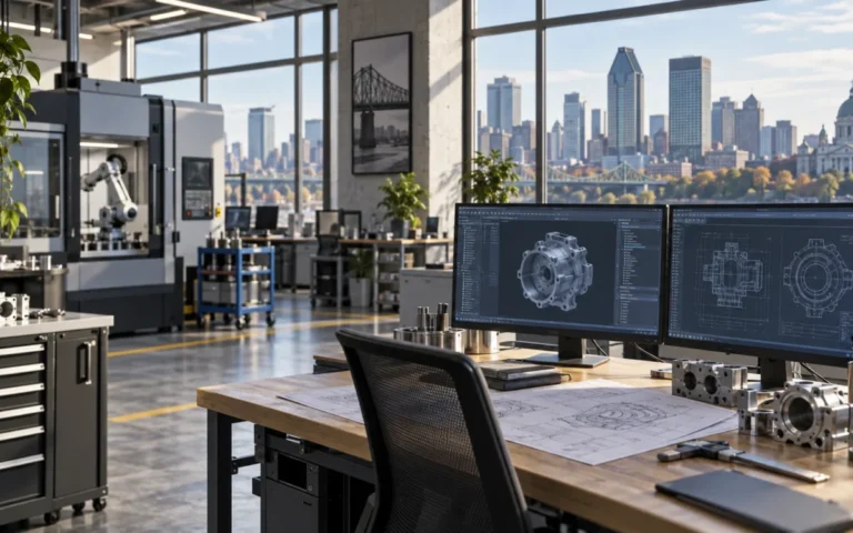 Illustrazione di un ambiente tecnologico industriale a Montréal, con monitor di progettazione e macchinari