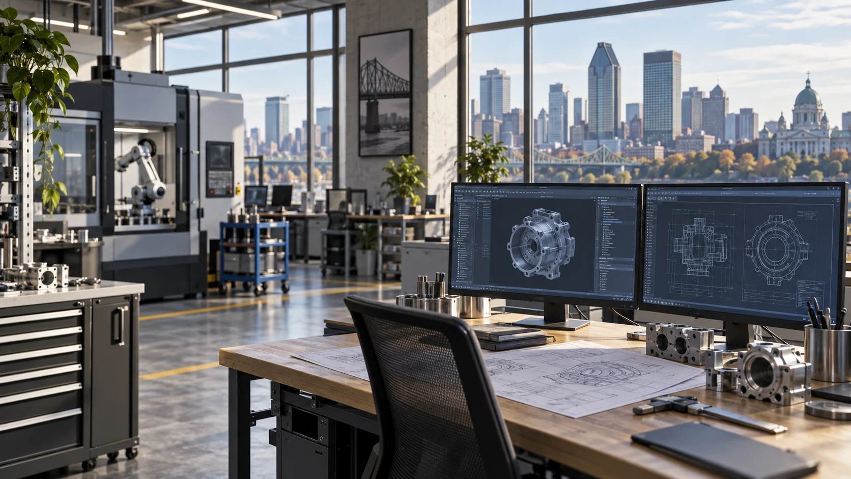 Illustrazione di un ambiente tecnologico industriale a Montréal, con monitor di progettazione e macchinari