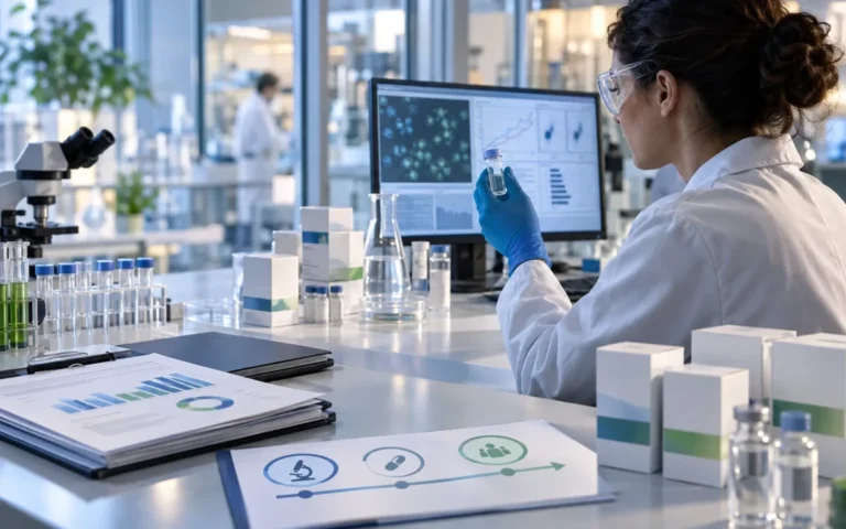 Ricercatrice in un laboratorio biotech con campioni, dati clinici e report finanziari