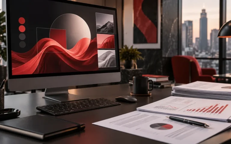 Postazione creativa con grafica digitale e documenti finanziari sul tavolo