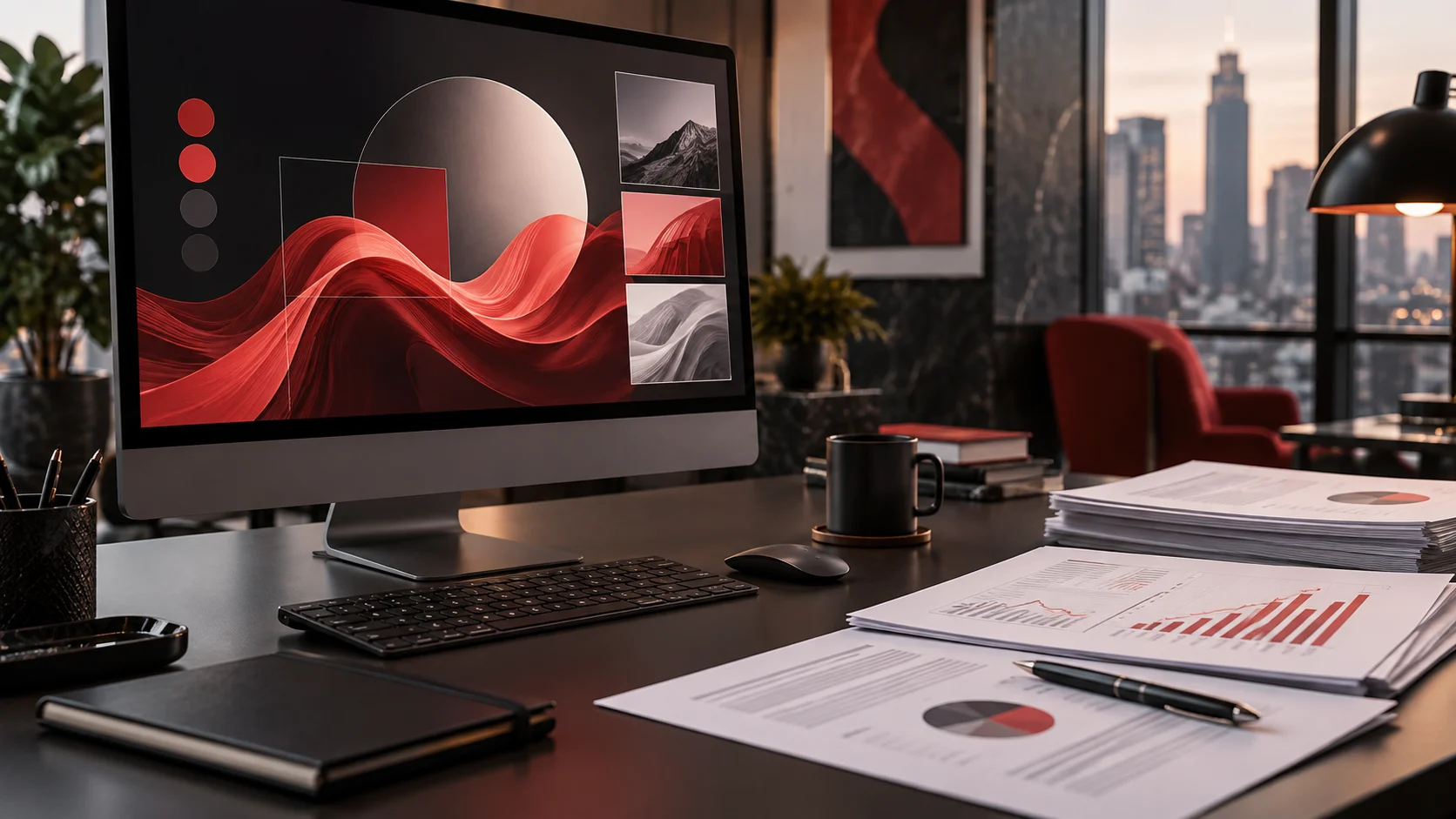 Postazione creativa con grafica digitale e documenti finanziari sul tavolo