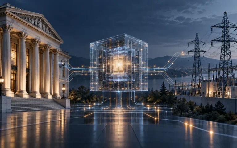 Illustrazione di una banca e di una rete elettrica collegate a un nucleo di elaborazione digitale