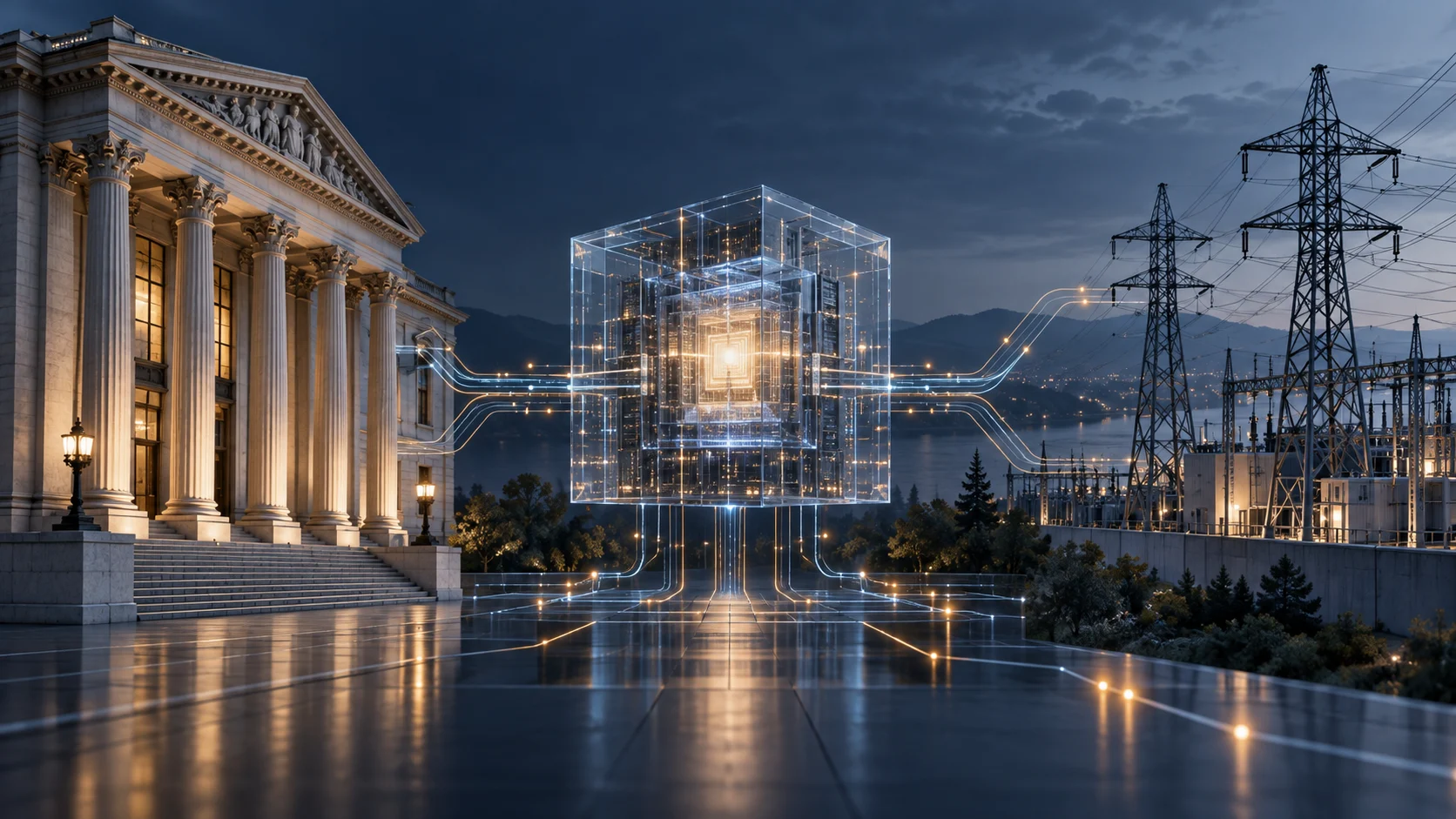 Illustrazione di una banca e di una rete elettrica collegate a un nucleo di elaborazione digitale