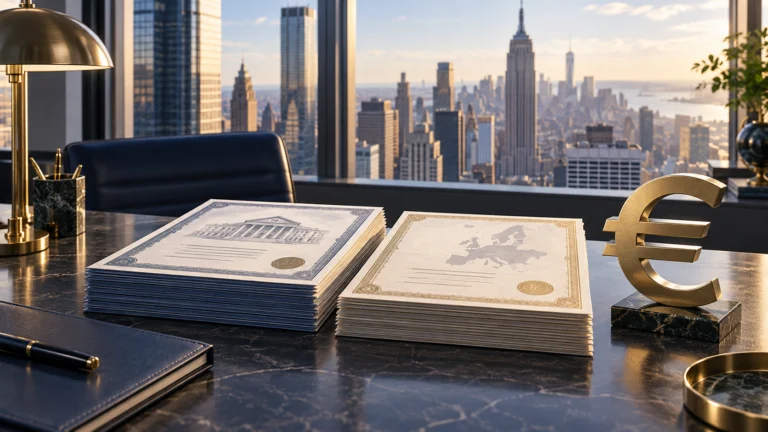 Illustrazione di documenti obbligazionari e simbolo dell’euro su una scrivania con New York sullo sfondo.