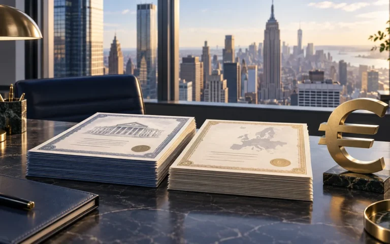 Illustrazione di documenti obbligazionari e simbolo dell’euro su una scrivania con New York sullo sfondo.