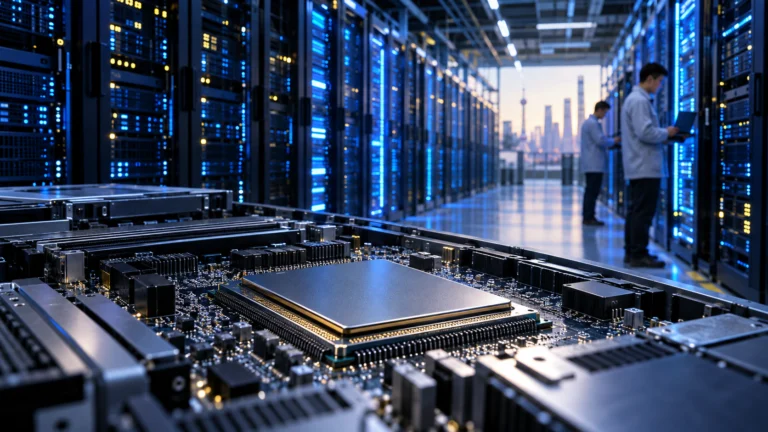 Processore per intelligenza artificiale in primo piano dentro un grande data center