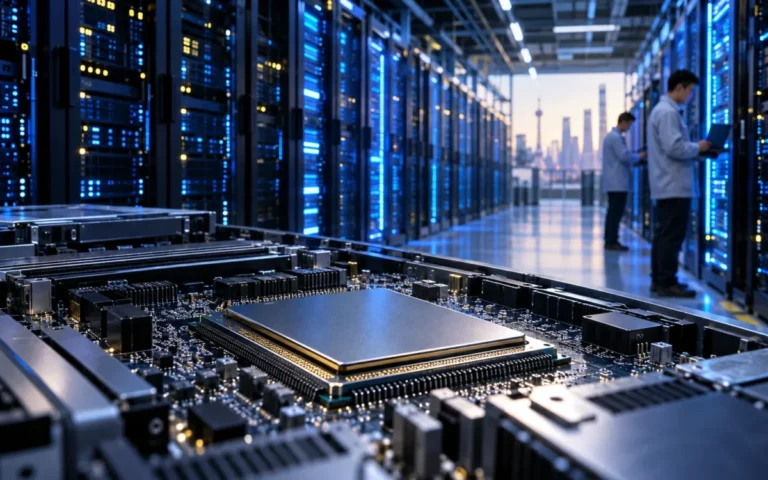 Processore per intelligenza artificiale in primo piano dentro un grande data center