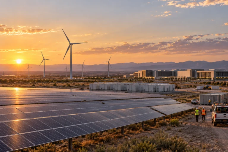 Impianto solare ed eolico con batterie e data center al tramonto negli Stati Uniti