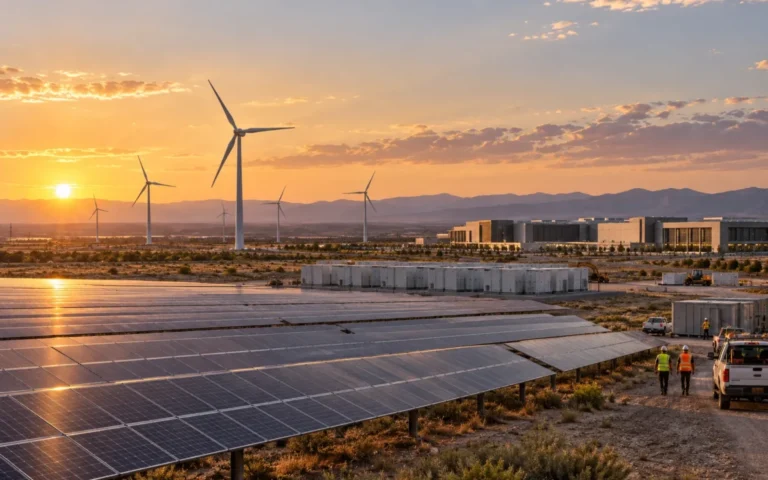 Impianto solare ed eolico con batterie e data center al tramonto negli Stati Uniti