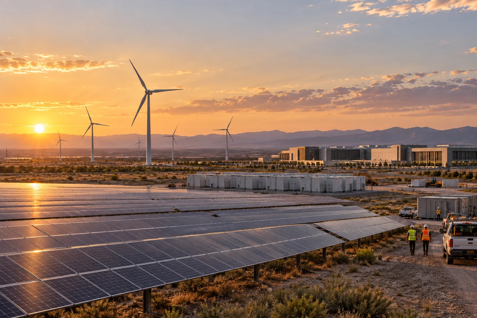 Impianto solare ed eolico con batterie e data center al tramonto negli Stati Uniti
