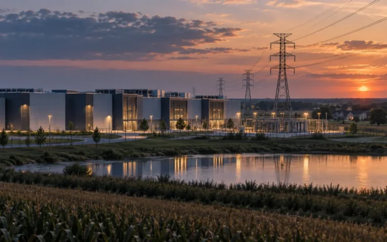 Illustrazione concettuale di un data center, linee elettriche e abitazioni in Indiana al tramonto.