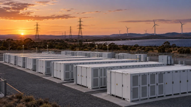 Sistemi di accumulo elettrico con linee di rete e impianti rinnovabili sullo sfondo