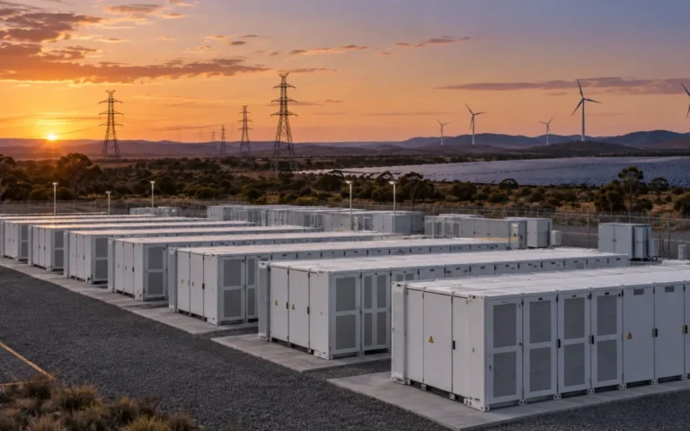 Sistemi di accumulo elettrico con linee di rete e impianti rinnovabili sullo sfondo