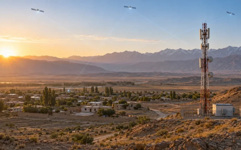 Paesaggio rurale dell’Uzbekistan con torre di telecomunicazioni e satelliti per la connettività Amazon Leo