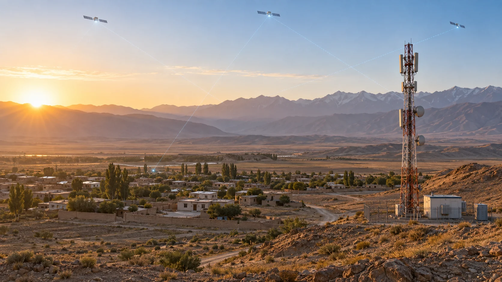Paesaggio rurale dell’Uzbekistan con torre di telecomunicazioni e satelliti per la connettività Amazon Leo