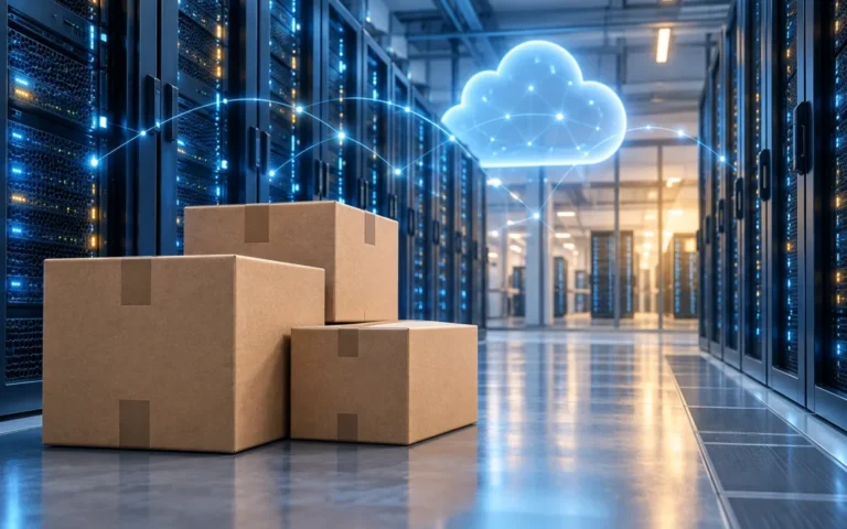 Illustrazione di server cloud e pacchi per il commercio elettronico, con connessioni digitali che richiamano l’intelligenza artificiale