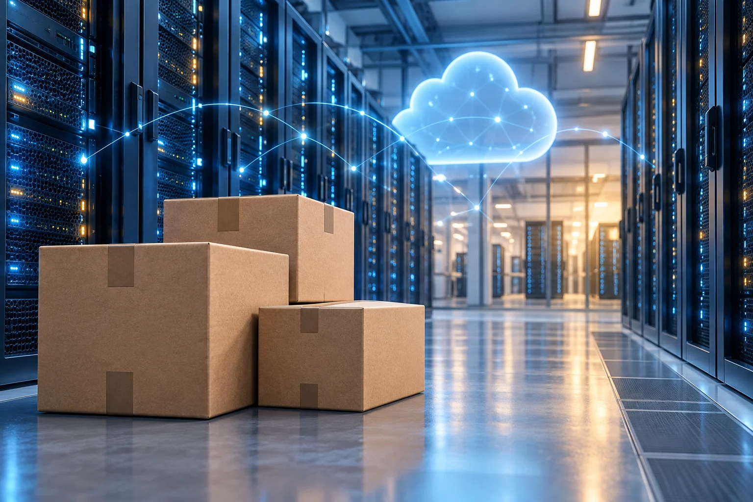 Illustrazione di server cloud e pacchi per il commercio elettronico, con connessioni digitali che richiamano l’intelligenza artificiale