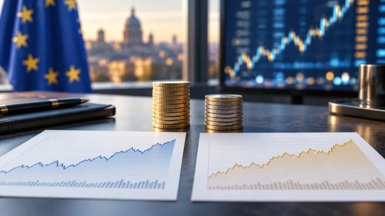 Illustrazione di due grafici finanziari e pile di monete su una scrivania, a rappresentare le distribuzioni di due ETF.