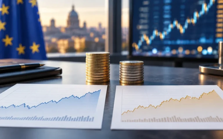Illustrazione di due grafici finanziari e pile di monete su una scrivania, a rappresentare le distribuzioni di due ETF.