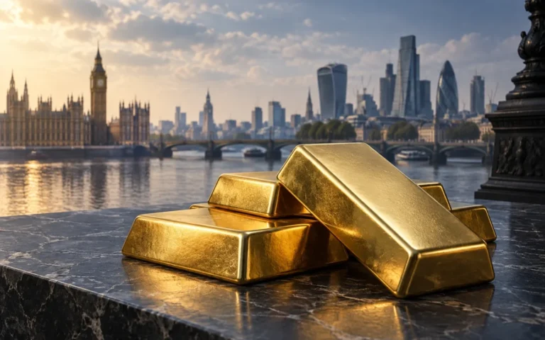 Illustrazione di lingotti d’oro su una superficie scura con lo skyline finanziario di Londra sullo sfondo