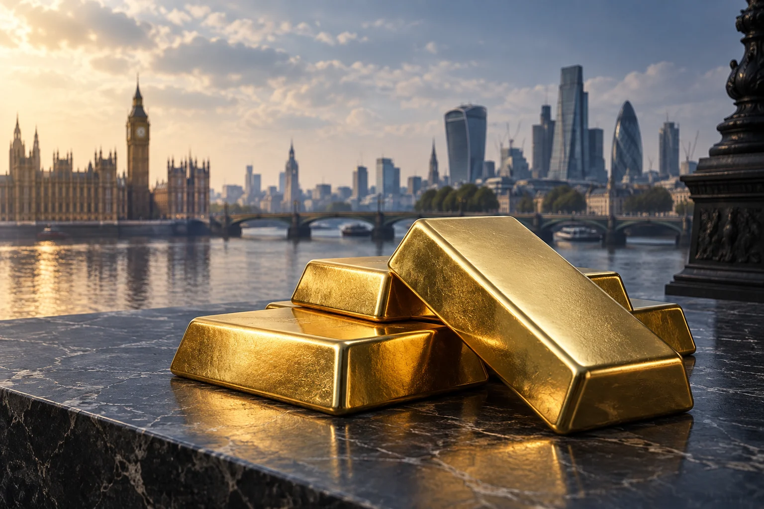 Illustrazione di lingotti d’oro su una superficie scura con lo skyline finanziario di Londra sullo sfondo