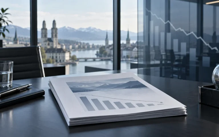 Illustrazione editoriale di un rapporto finanziario in un ufficio, con grafico astratto in discesa; non raffigura dati reali di Anemoi.