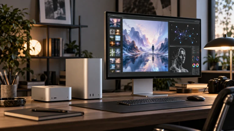 Due computer desktop compatti in alluminio su una scrivania per attività creative e intelligenza artificiale