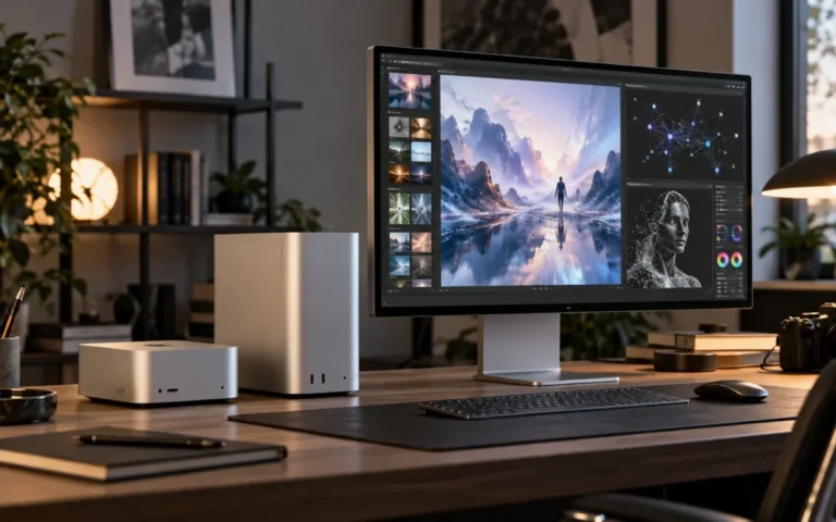 Due computer desktop compatti in alluminio su una scrivania per attività creative e intelligenza artificiale
